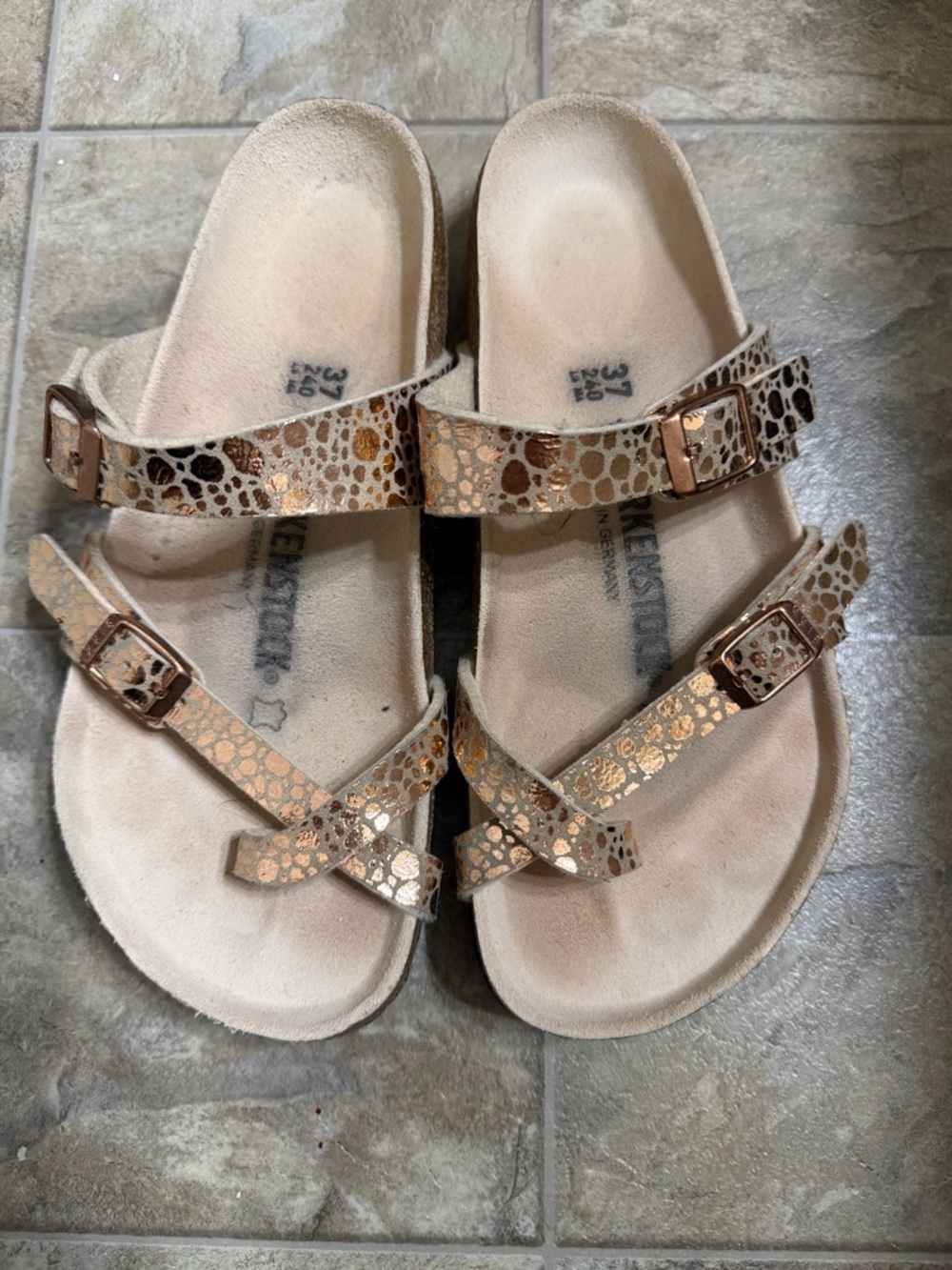 Birkenstock Metallic Rose Gold Patterned Two-Strap Sandals